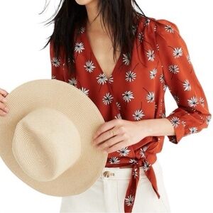 Madewell Dark/Burnt Orange Floral 100% Silk Floral 3/4 Sleeve Blouse size Small
